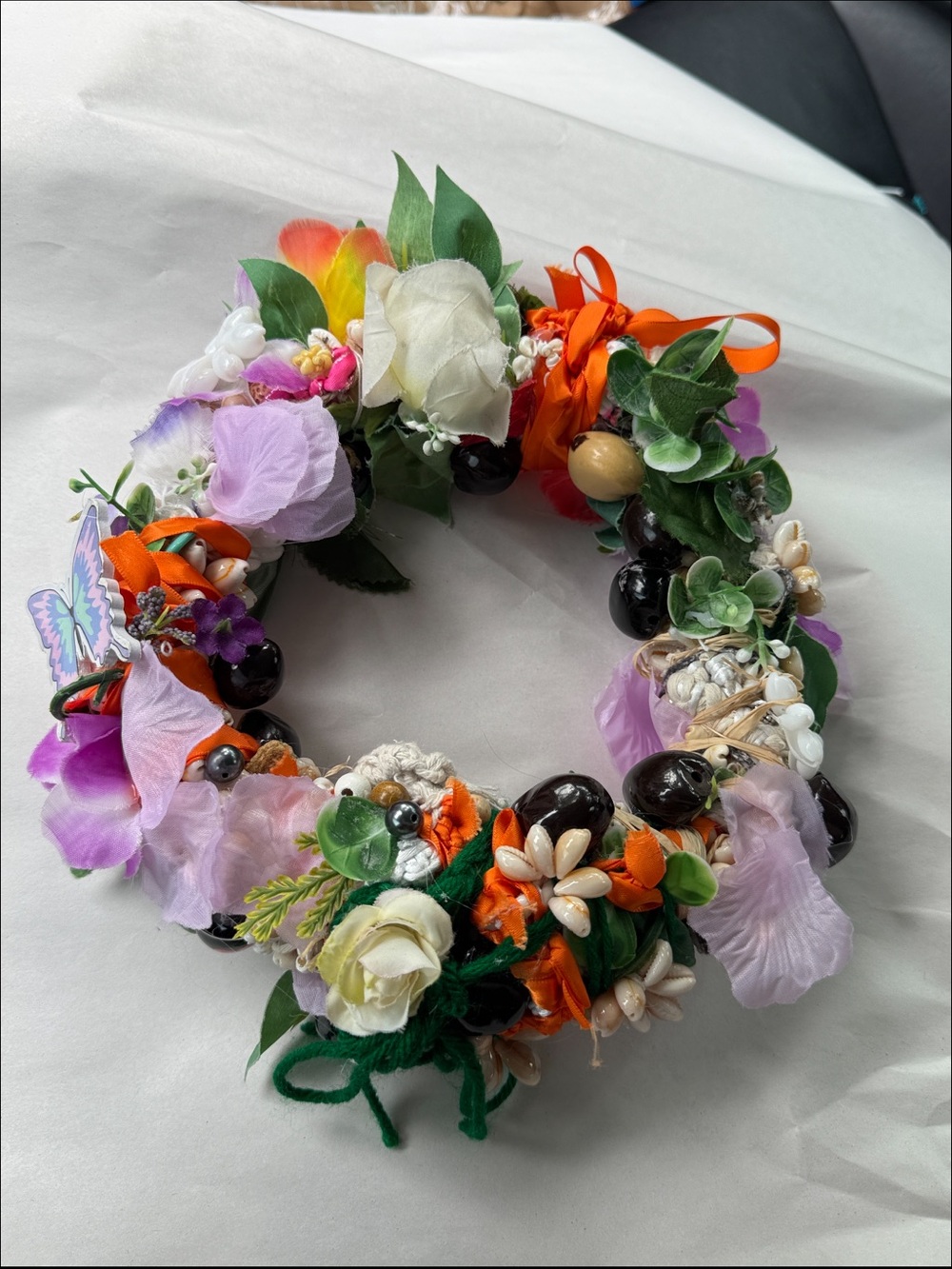 Floral Shell & Bead Wreath with Purple & Orange Accents custom made lei wreath